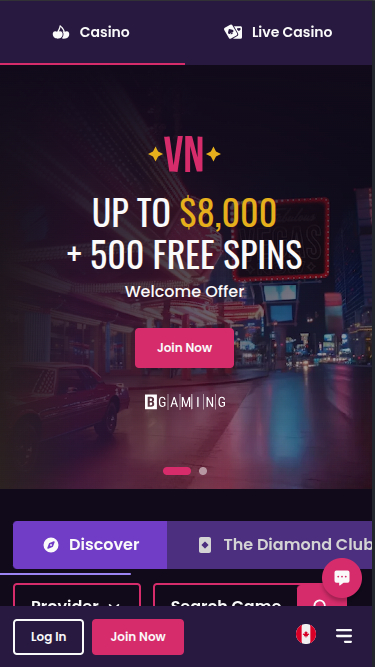 Page d'accueil mobile de VegasNow Casino