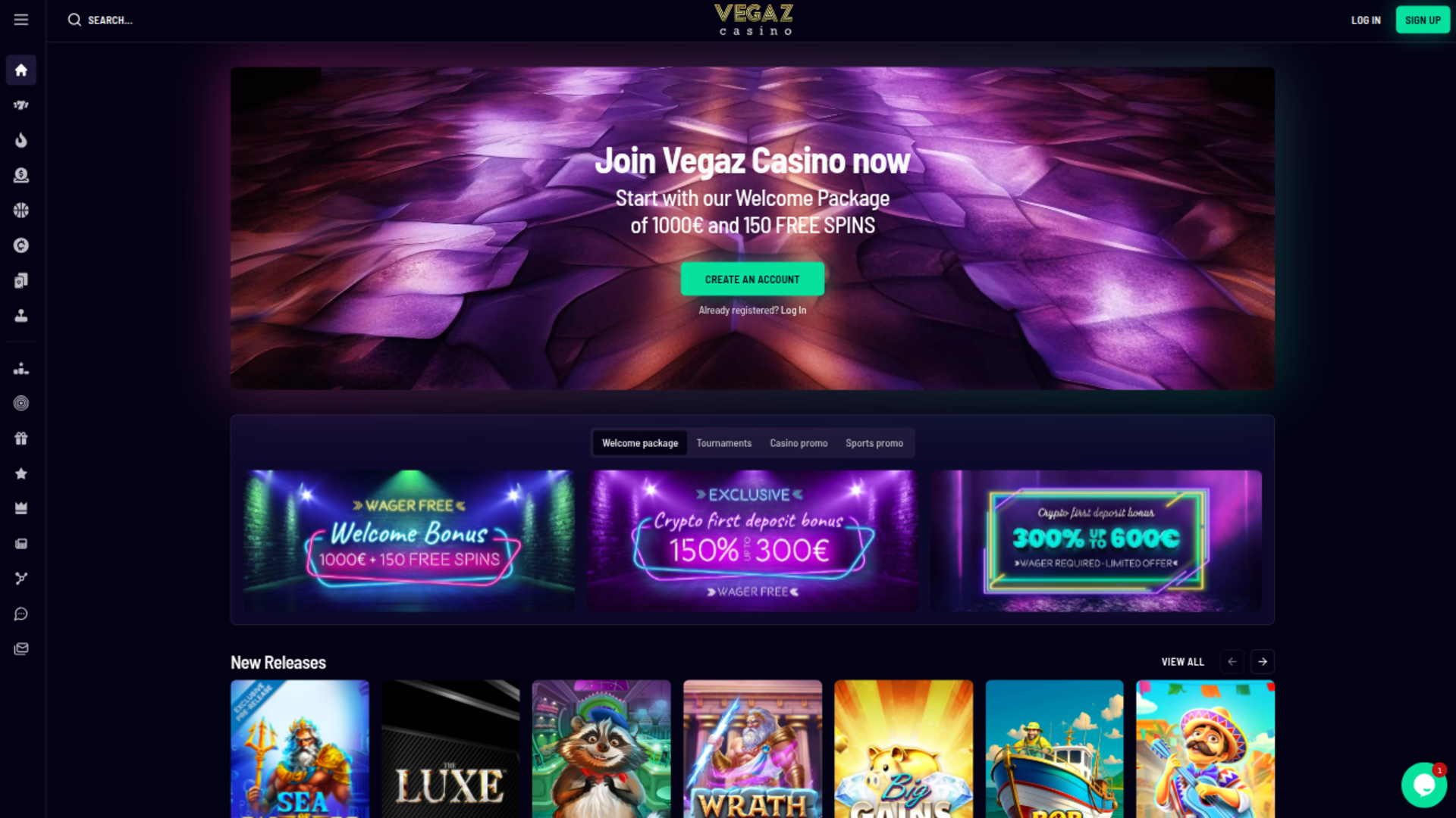 Page d'accueil de Vegaz Casino sur ordinateur