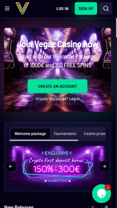 Page d'accueil mobile de Vegaz Casino