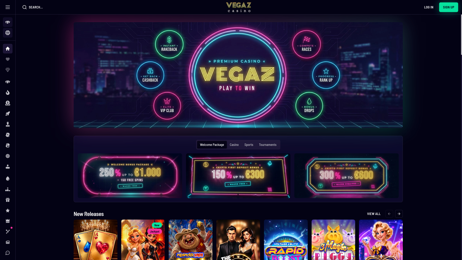 Pagina iniziale desktop di Vegaz Casino