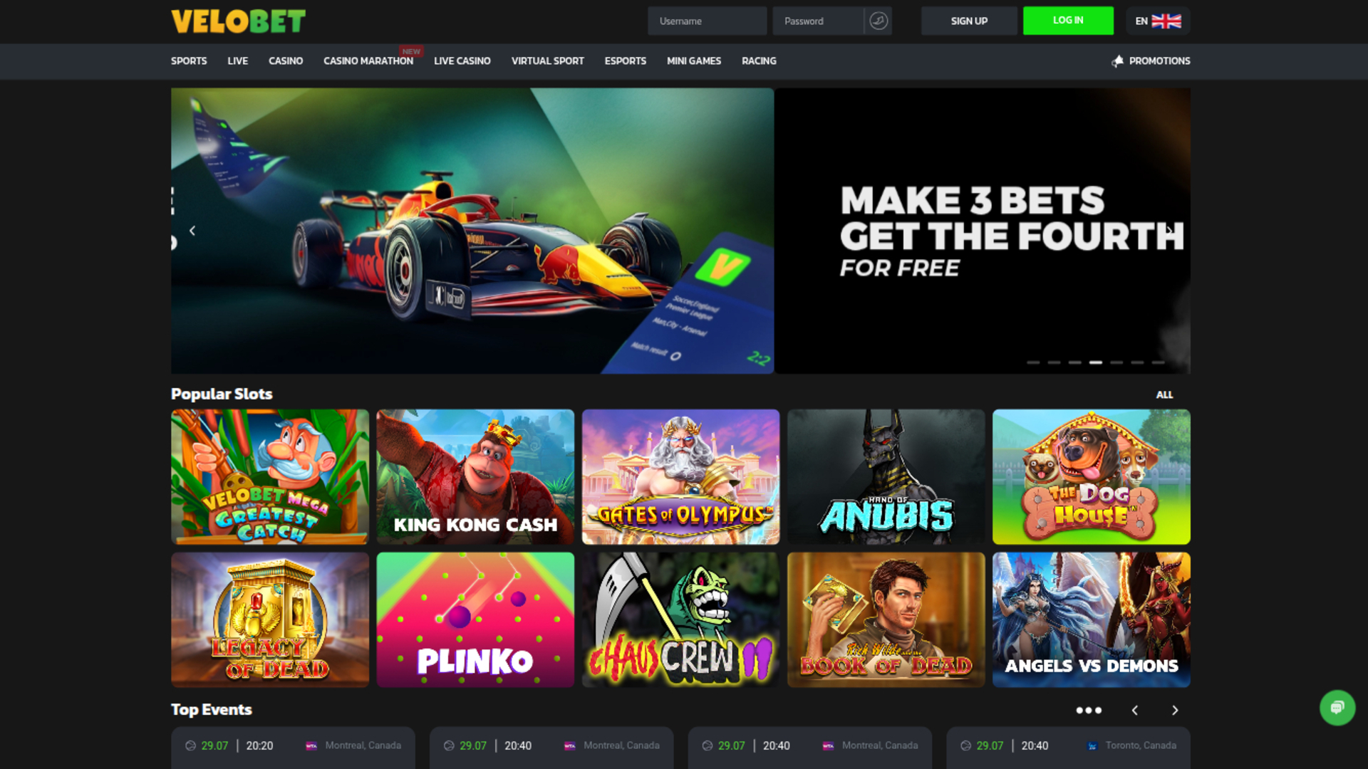 Page d'accueil de Velobet sur ordinateur