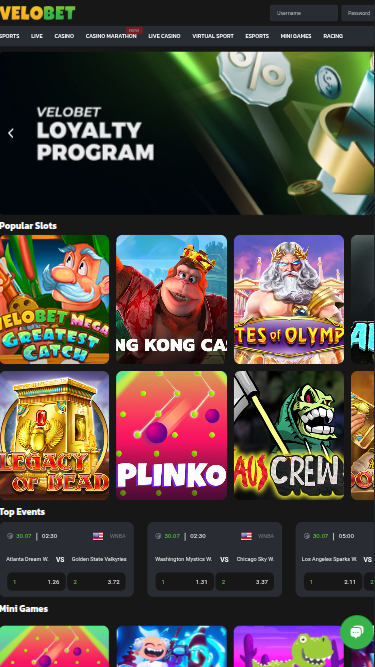 Page d'accueil mobile de Velobet