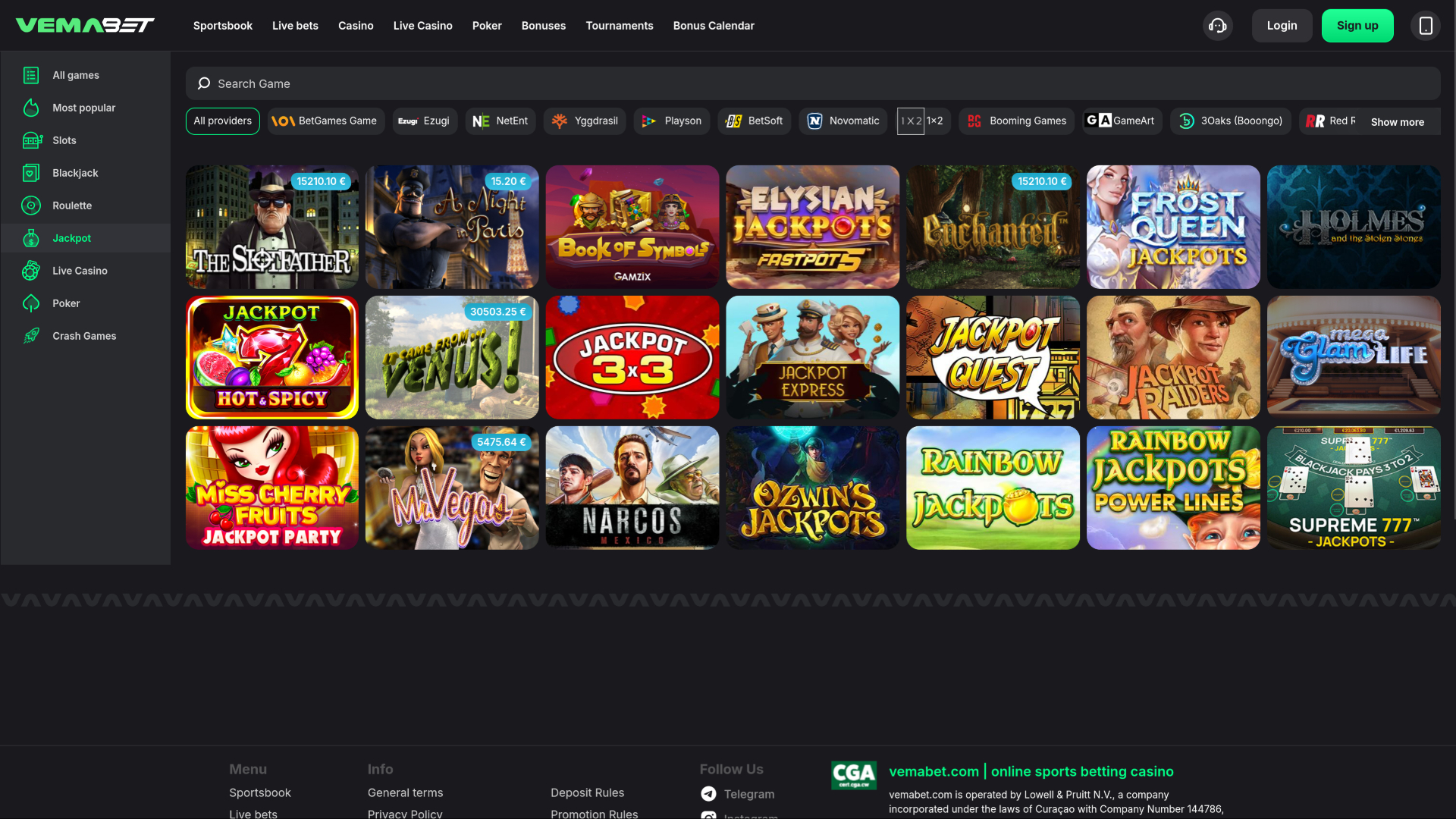 Vemabet Casino Desktop Jackpot