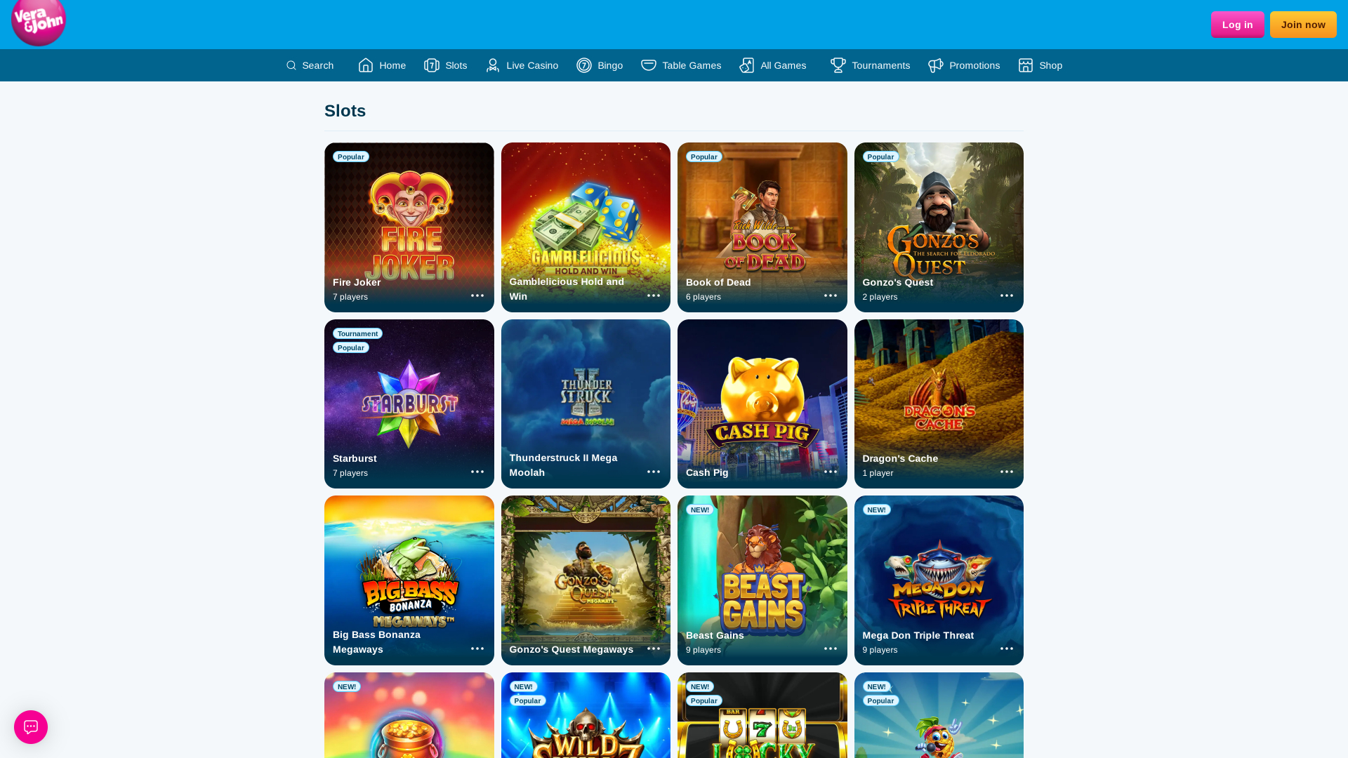 Jogos do Vera John Casino para desktop