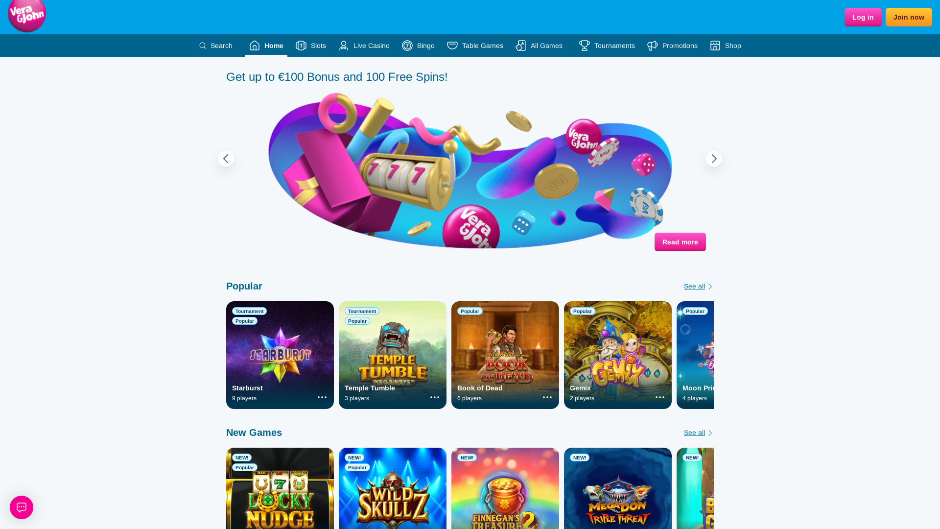 Página inicial do Vera John Casino para desktop