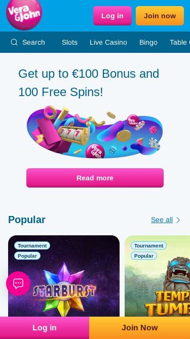 Página inicial móvel do Vera John Casino