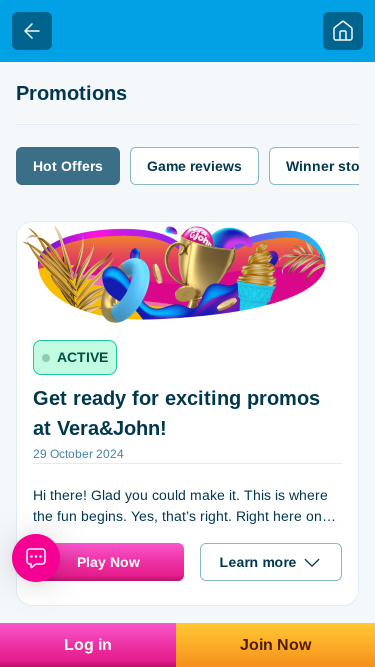Promoções do Vera John Casino para dispositivos móveis