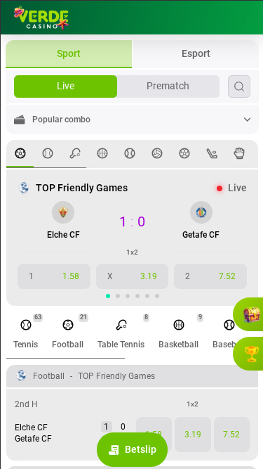 Deportes móviles de Verde Casino