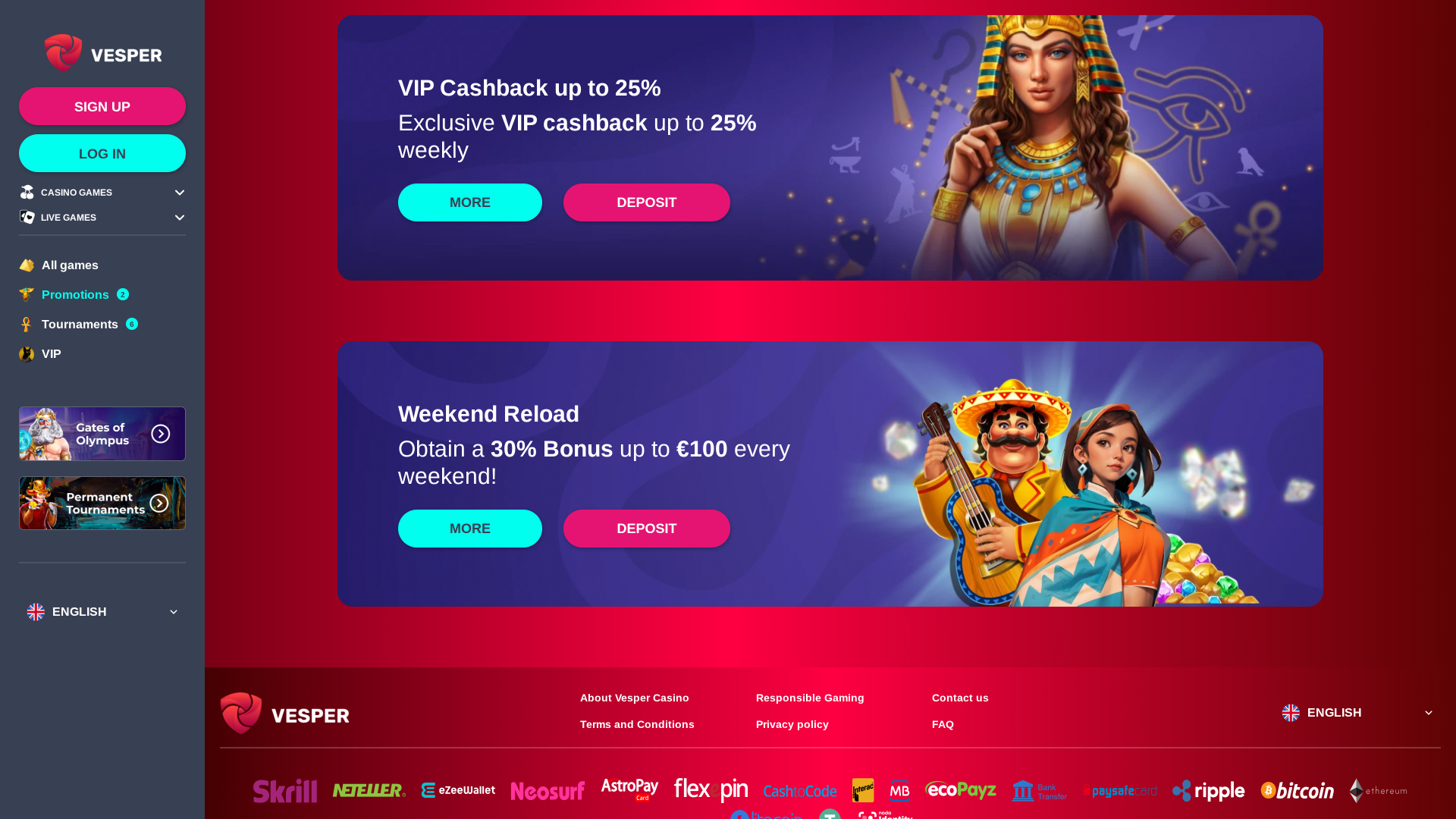 Promotions de Vesper Casino sur ordinateur