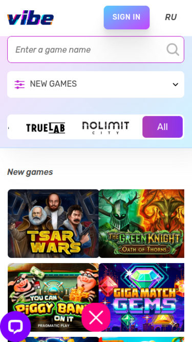 Jeux mobiles de Vibe Casino