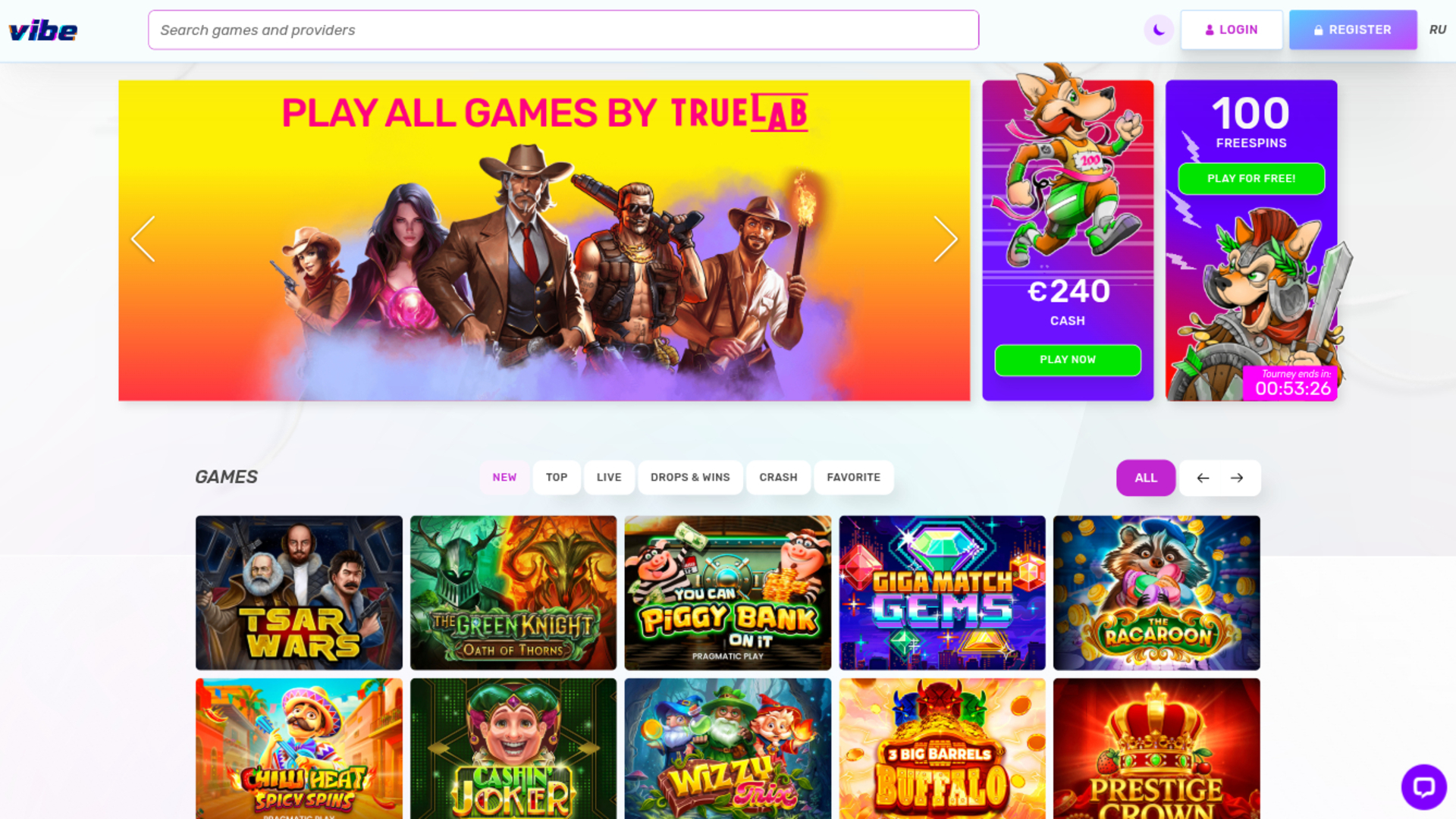 Page d'accueil de Vibe Casino sur ordinateur