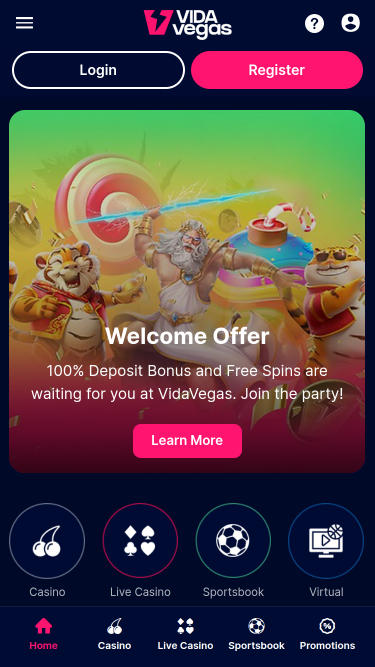 VidaVegas Casino Mobile Homepage