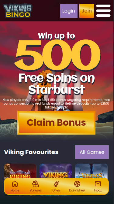 Page d'accueil mobile de Viking Bingo Casino