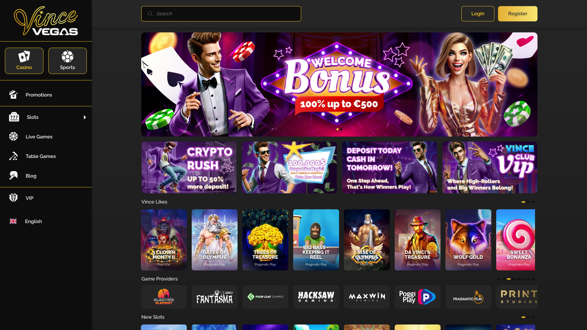 Page d'accueil du casino Vince Vegas pour ordinateur