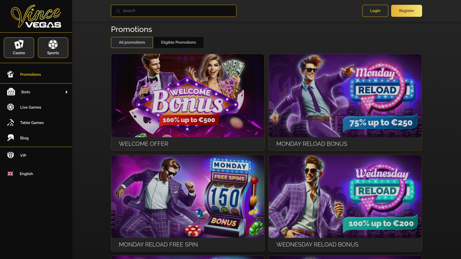 Promotions de Vince Vegas Casino sur ordinateur