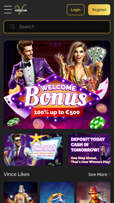 Page d'accueil mobile de Vince Vegas Casino