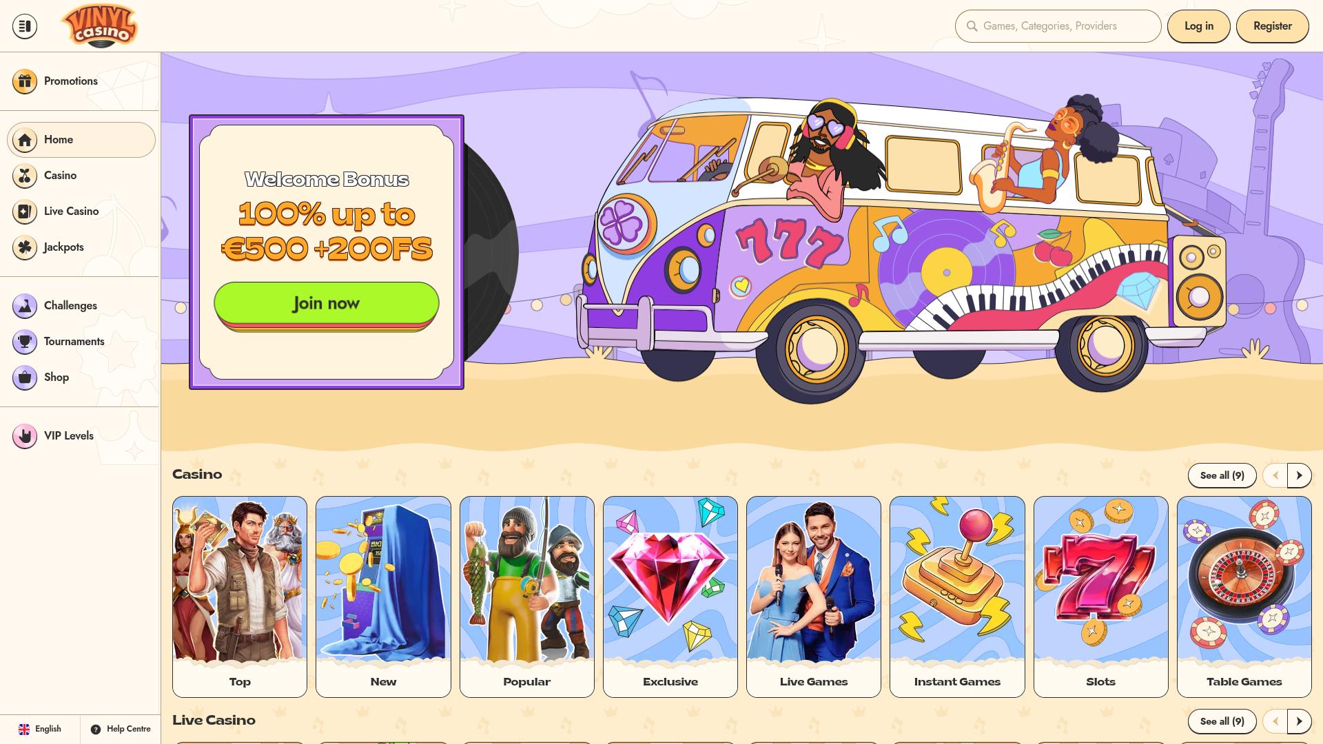 Vinyl Casino Desktop-Startseite
