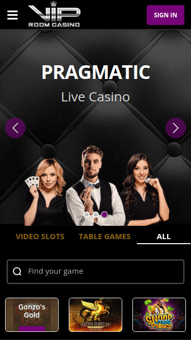 Página de inicio móvil de VIP Room Casino