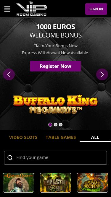 Page d'accueil mobile du casino VIP Room