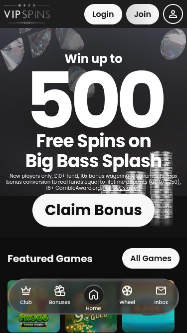 VIP Spins Casino Mobile Homepage