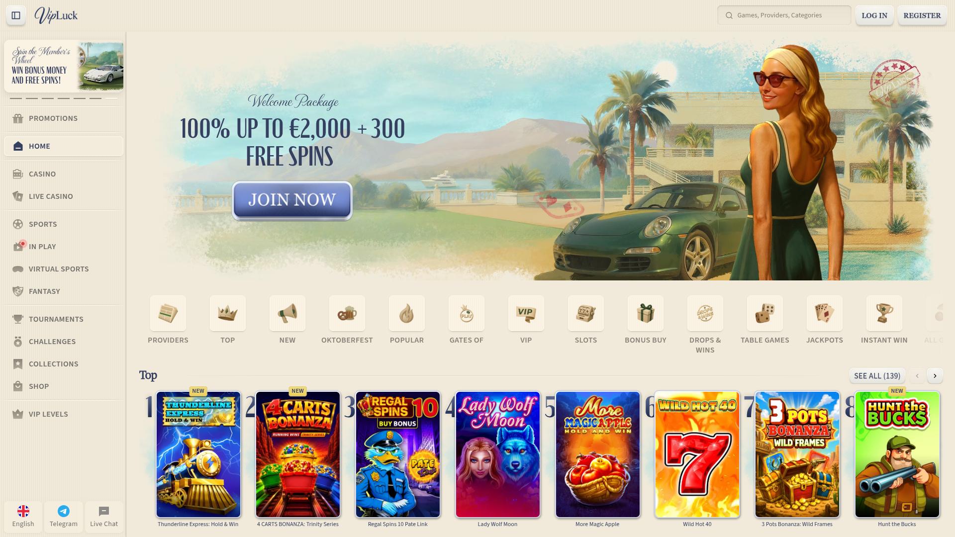 Page d'accueil du casino VIPLuck pour ordinateur