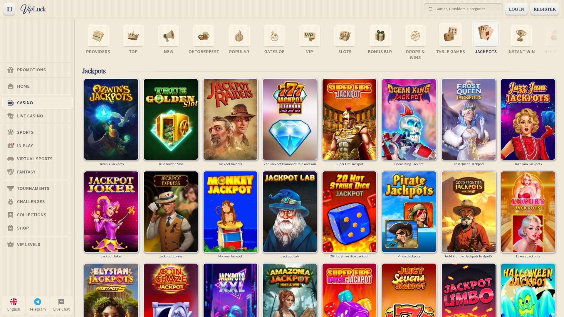 Jackpot VIPLuck Casino sur ordinateur
