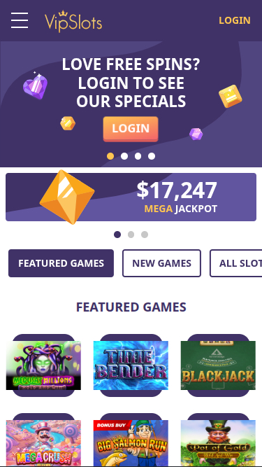 Page d'accueil mobile de VipSlots Casino