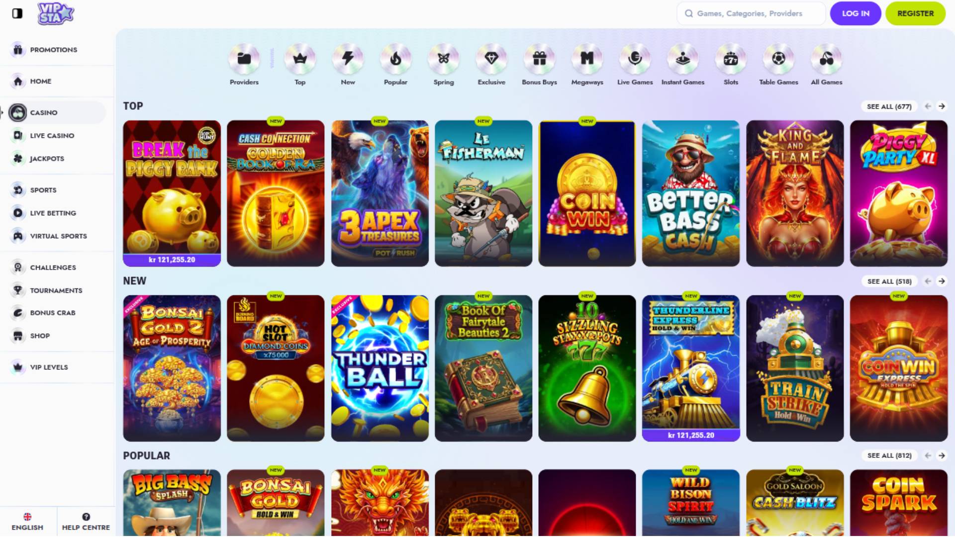 Capture d'écran de la page Jeux du casino Vipsta
