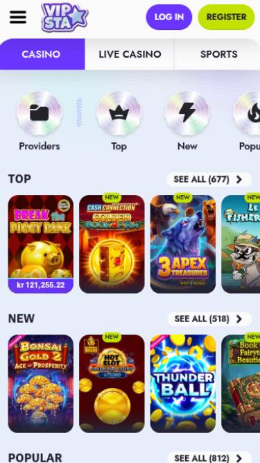 Capture d'écran de la page mobile des jeux du casino Vipsta