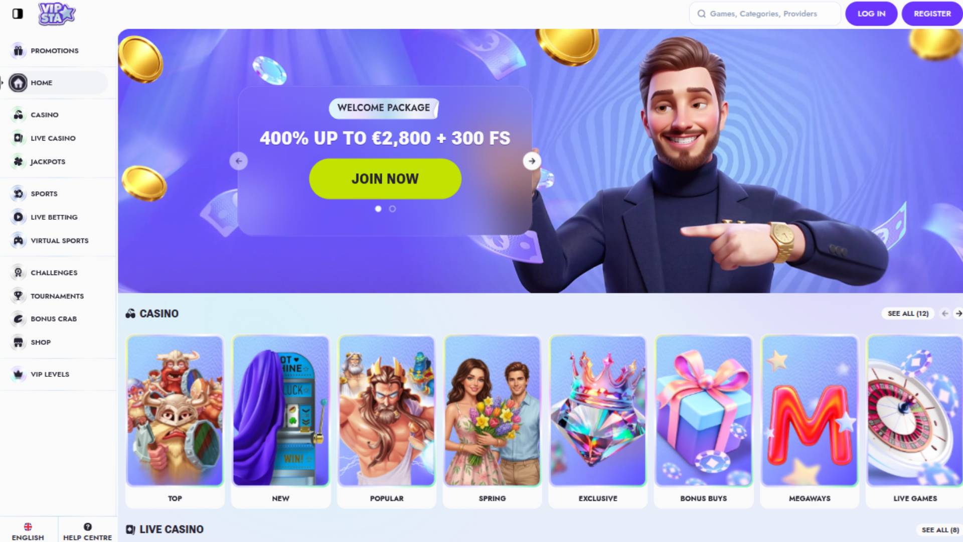 Capture d'écran de la page d'accueil du casino Vipsta