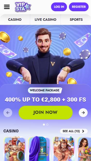 Capture d'écran mobile de la page d'accueil du casino Vipsta