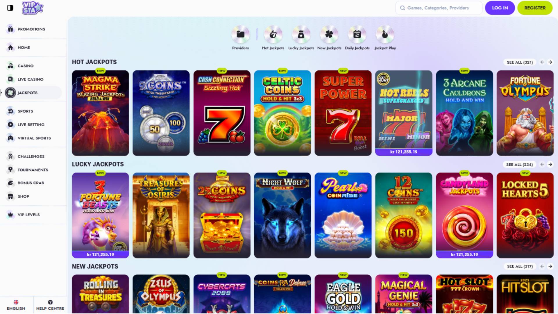 Capture d'écran de la page Jackpot du casino Vipsta
