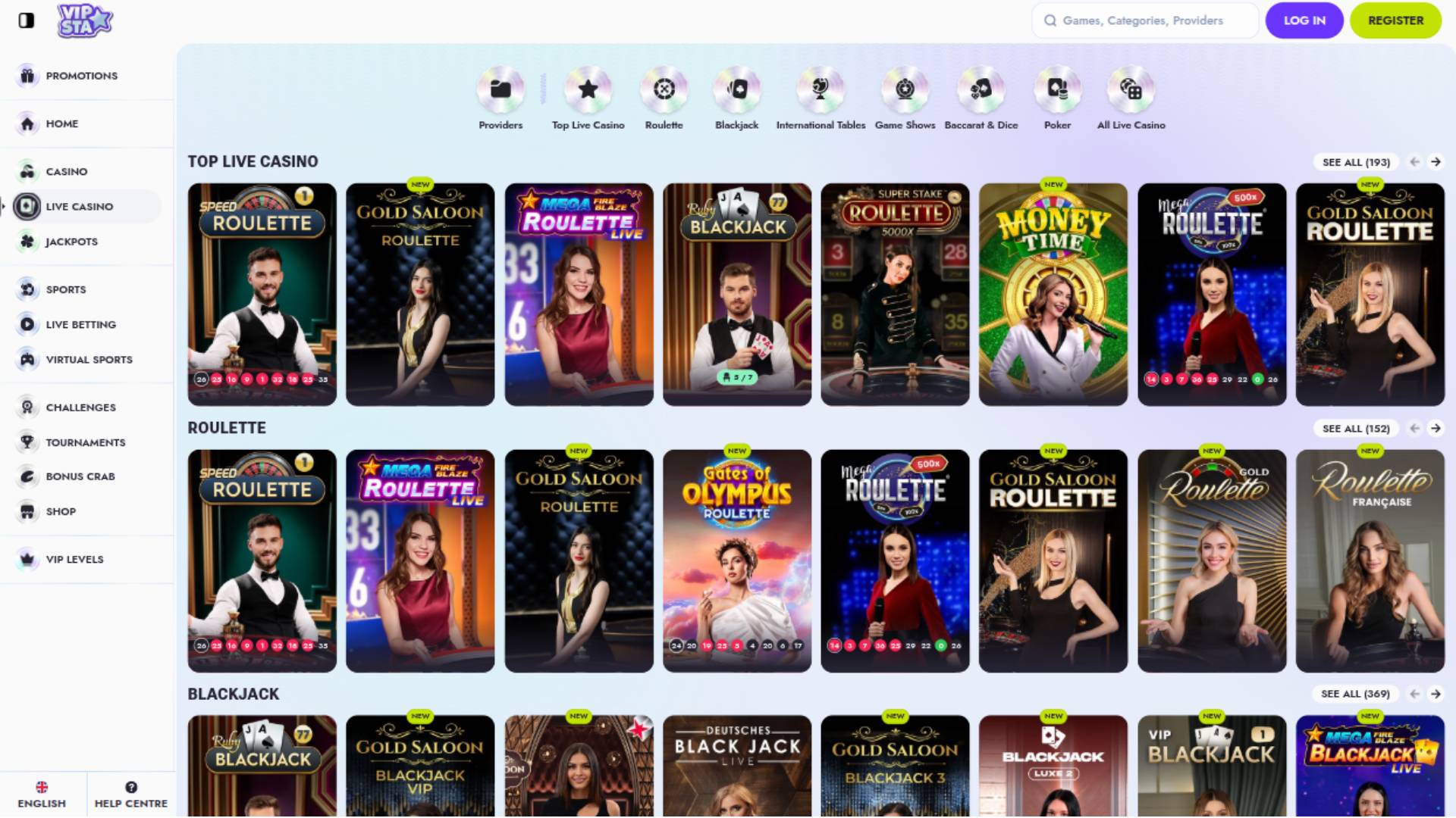 Capture d'écran de la page en direct du casino Vipsta