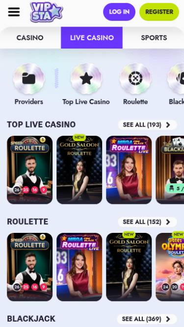 Capture d'écran de la page mobile en direct du casino Vipsta