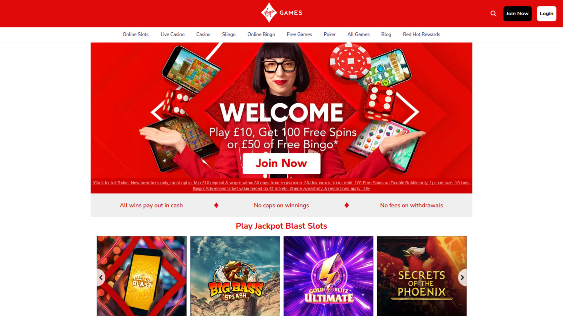 Page d'accueil de Virgin Games Casino sur ordinateur