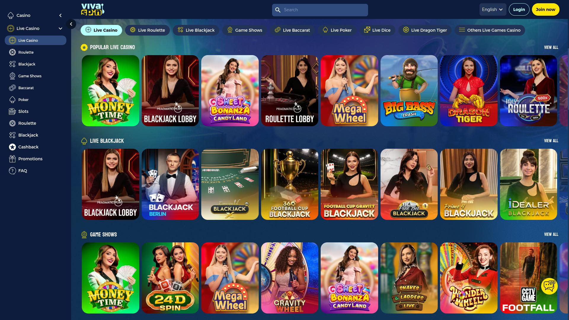 Cassino Vivaspin para computador com crupiê ao vivo