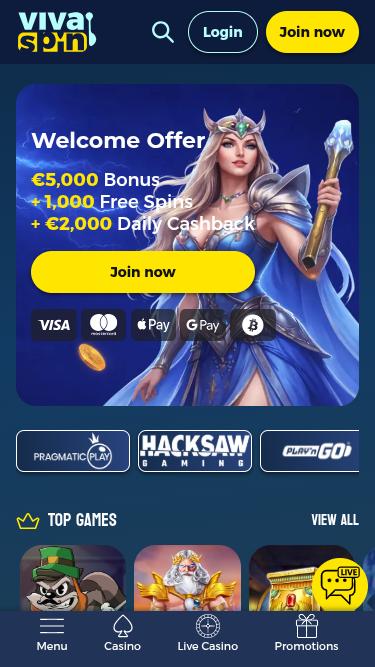 Página inicial do Vivaspin Casino para dispositivos móveis