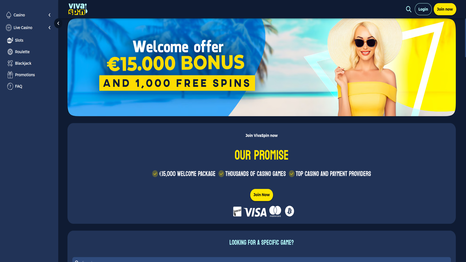 Homepage screenshot of Vivaspin Casino for Desktop