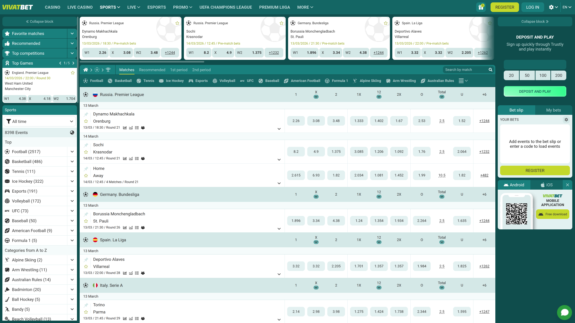 VivatBet Casino Desktop-Sportwetten