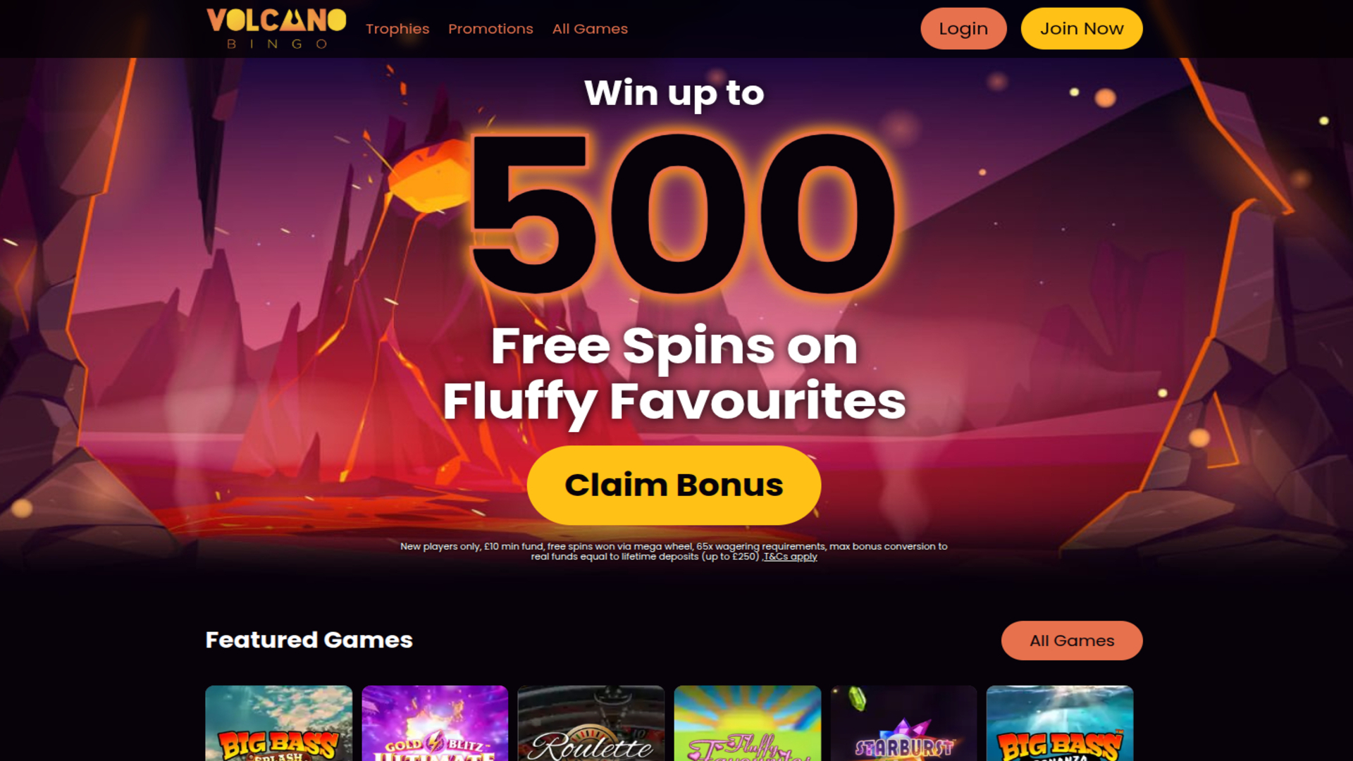 Page d'accueil de Volcano Bingo Casino sur ordinateur