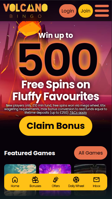  Page d'accueil mobile de Volcano Bingo Casino