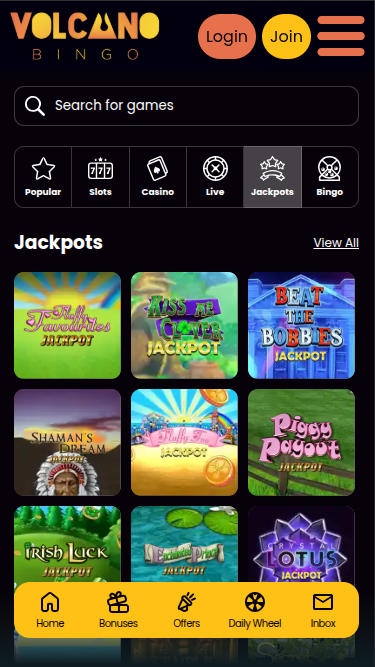 Jackpot mobile de Volcano Bingo Casino
