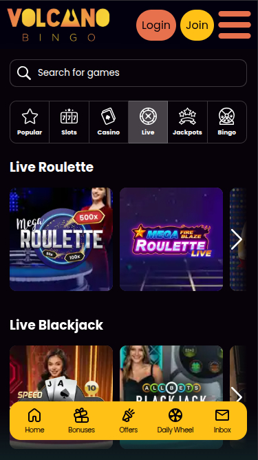 Croupier en direct mobile de Volcano Bingo Casino