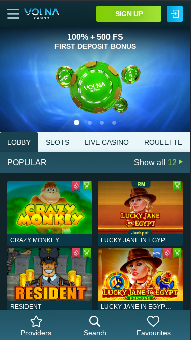  Мобильная домашняя страница Volna Casino