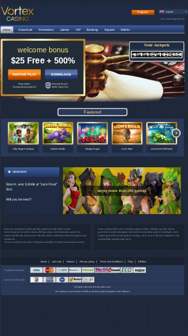 Page d'accueil mobile de Vortex Casino