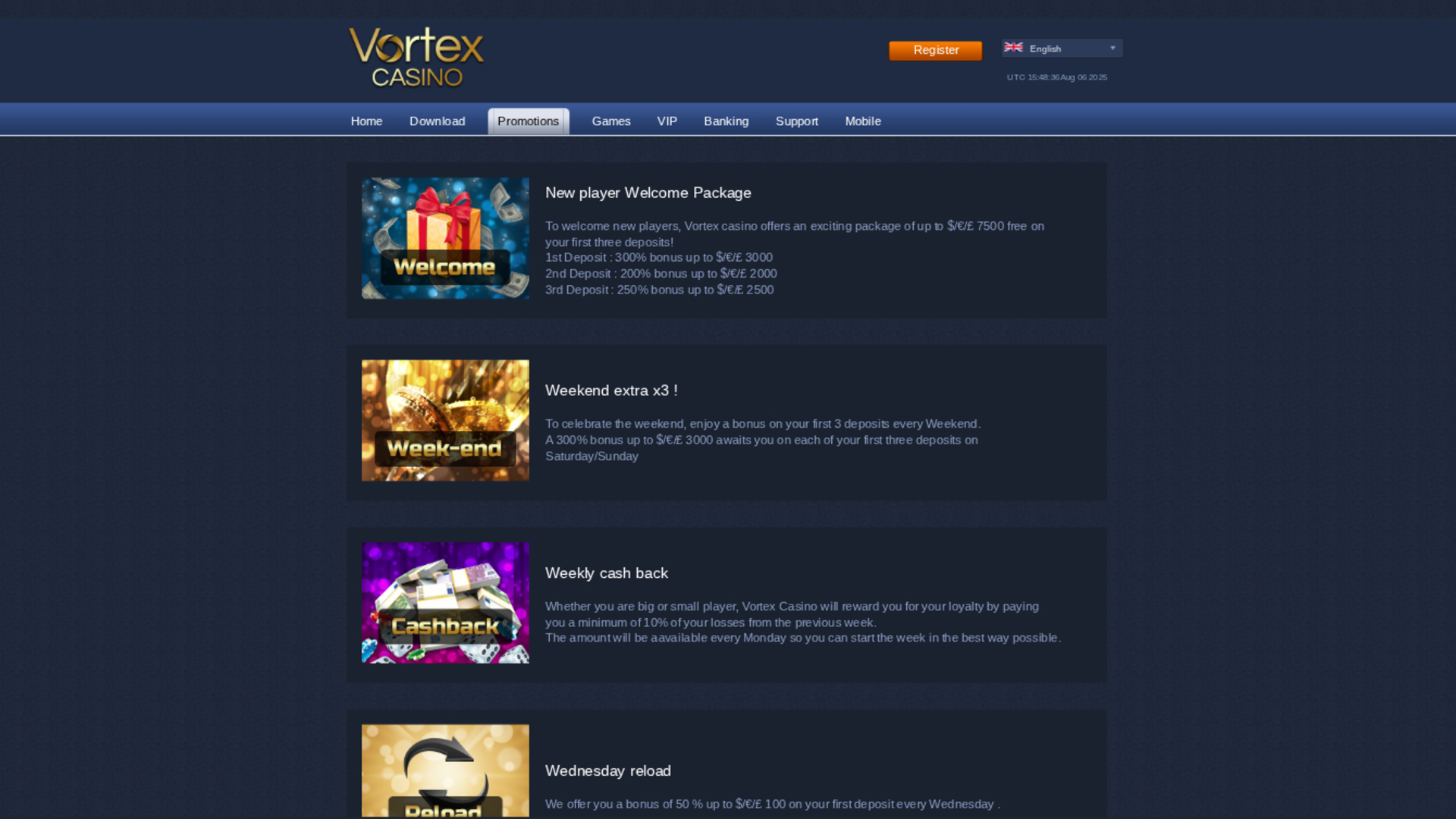 Promotions sur bureau de Vortex Casino