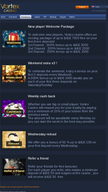 Promotions mobiles de Vortex Casino