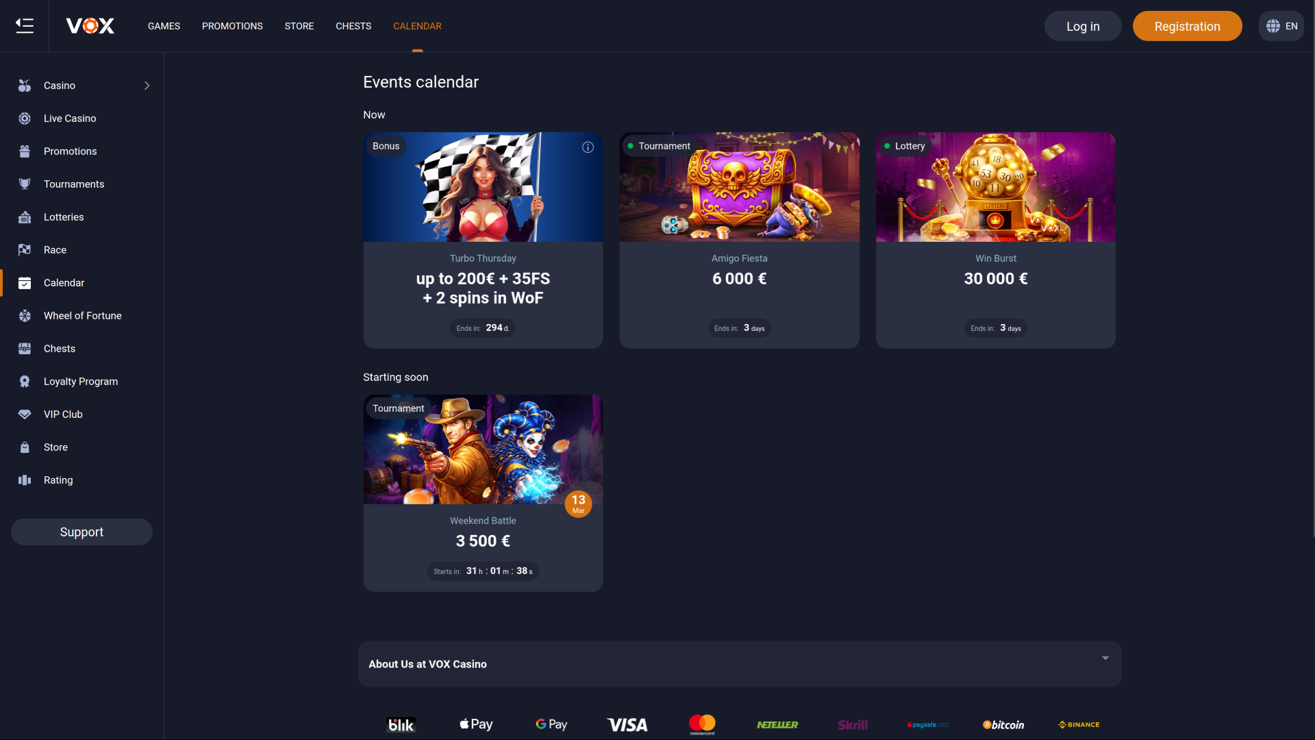 Calendrier des événements de Vox Casino pour ordinateur