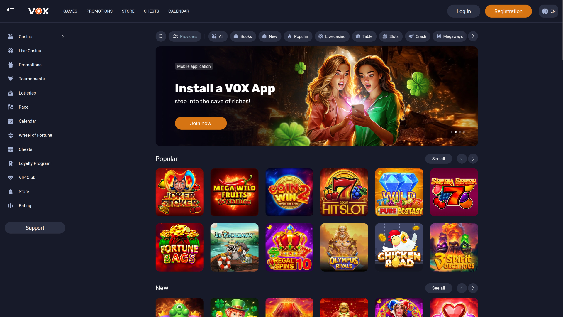 Page d'accueil de Vox Casino pour ordinateur