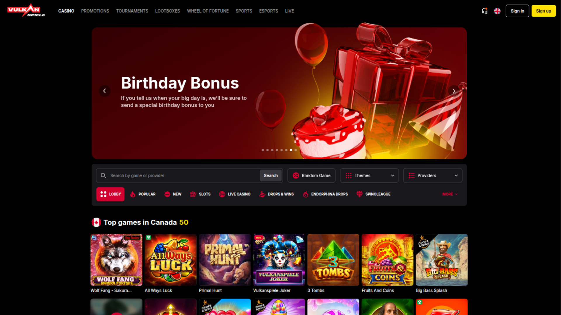 Página de inicio de escritorio de Vulkanspiele Casino